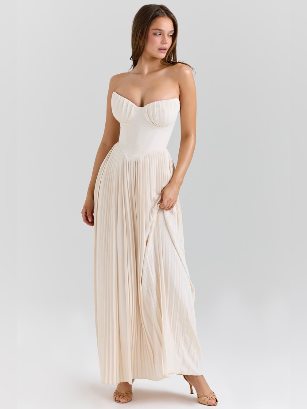 HOUSE OF CB 'Marcella' Ivory Georgette Pleated Maxi Dress NWOT - Picture 4 of 7